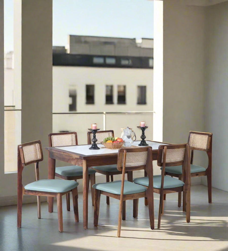Simra Sheesham Wood 6 Seater Dining Set In Scratch Resistant Provincial Teak Finish With Marble Top - Febonic Living