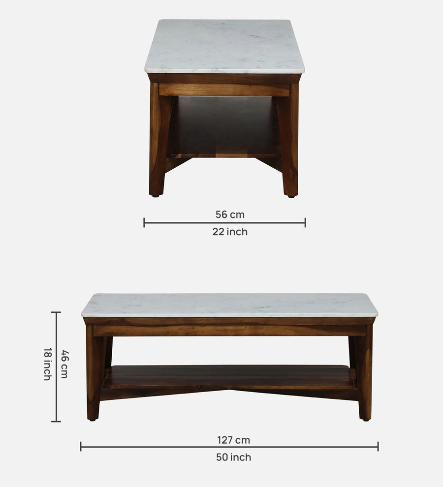 Simra Sheesham Wood Coffee Table In Provincial Teak Finish With Marble Top And Shelf - Febonic Living