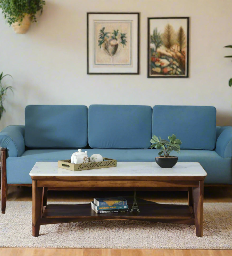Simra Sheesham Wood Coffee Table In Provincial Teak Finish With Marble Top And Shelf - Febonic Living