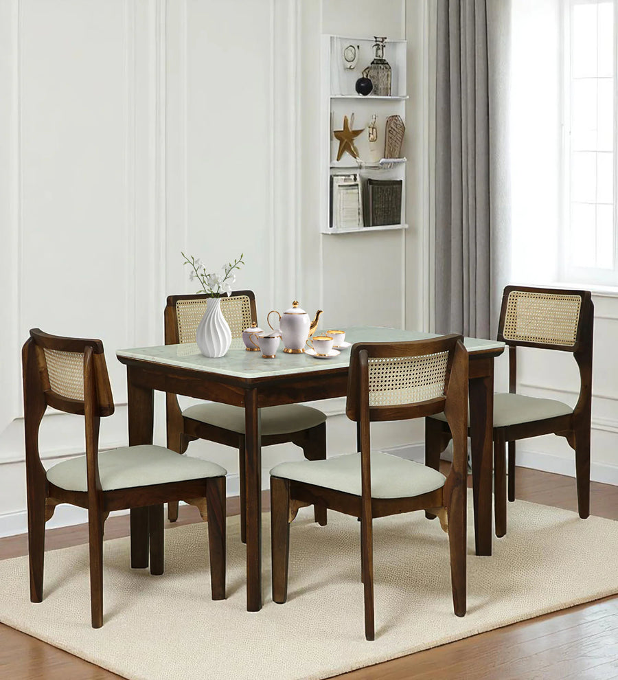 Gistel Sheesham Wood 4 Seaters Dining Set With Marble Top In Provincial Teak Finish - Febonic Living
