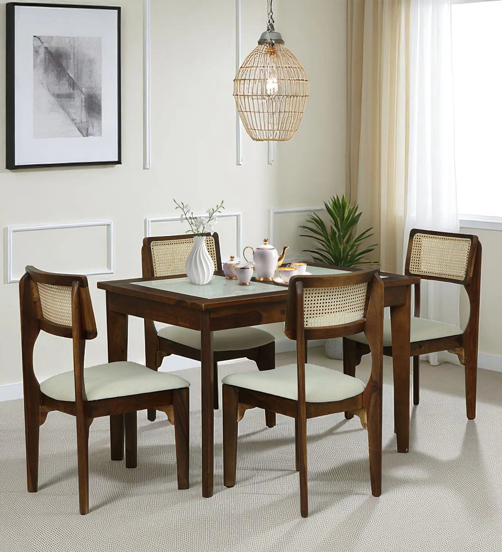 Gistel Sheesham Wood 4 Seater Dining Set With Marble Top In Provincial Teak Finish - Febonic Living