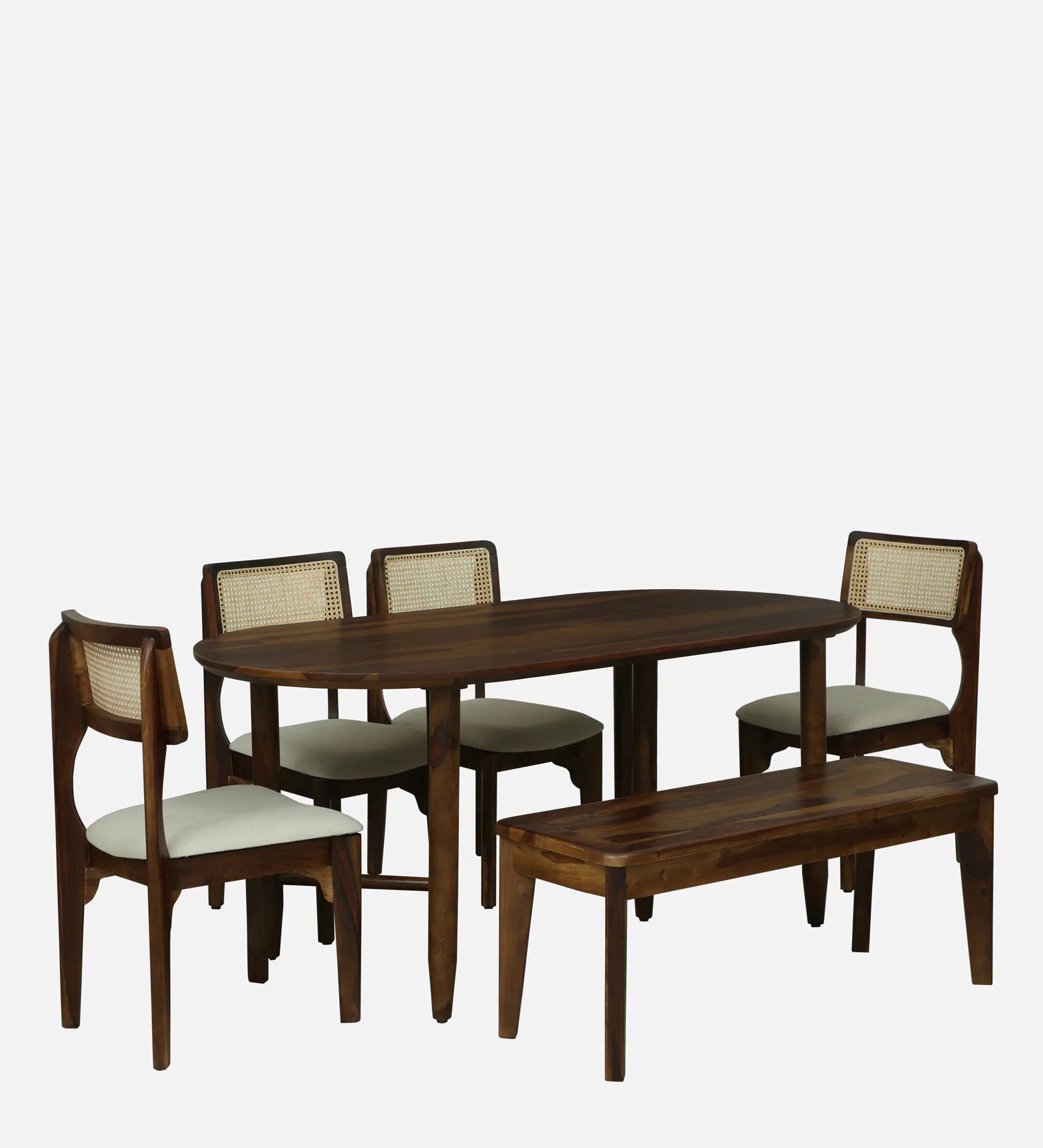 Gistel Sheesham Wood 6 Seater Oval Dining Set With Bench In Provincial Teak Finish - Febonic Living