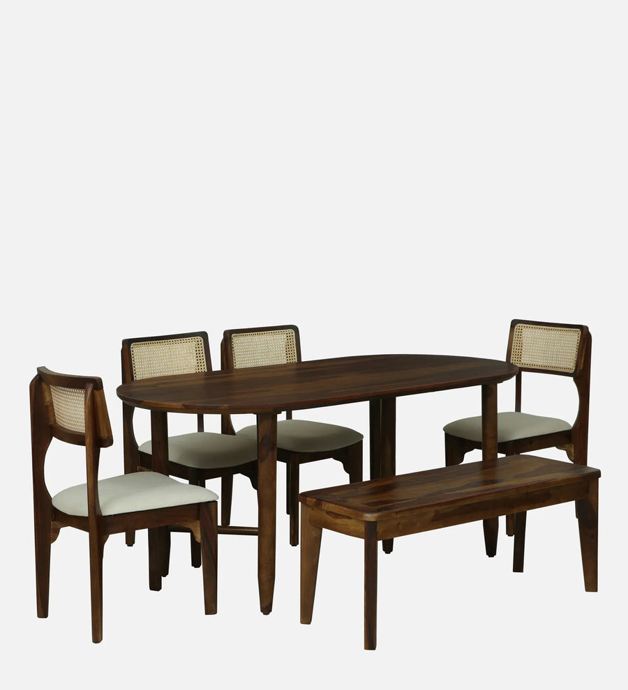 Gistel Sheesham Wood 6 Seater Oval Dining Set With Bench In Provincial Teak Finish - Febonic Living