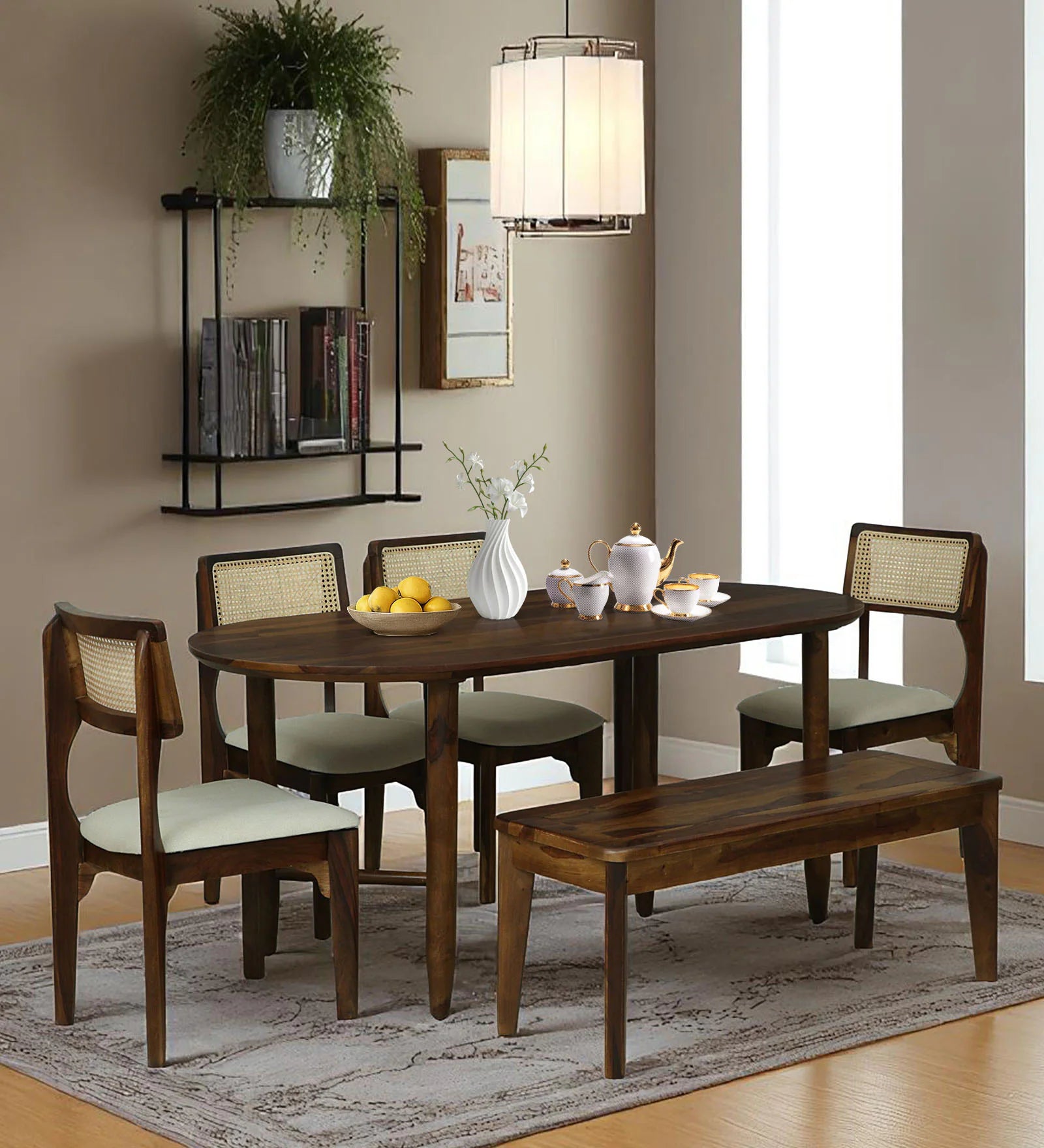 Gistel Sheesham Wood 6 Seater Oval Dining Set With Bench In Provincial Teak Finish - Febonic Living