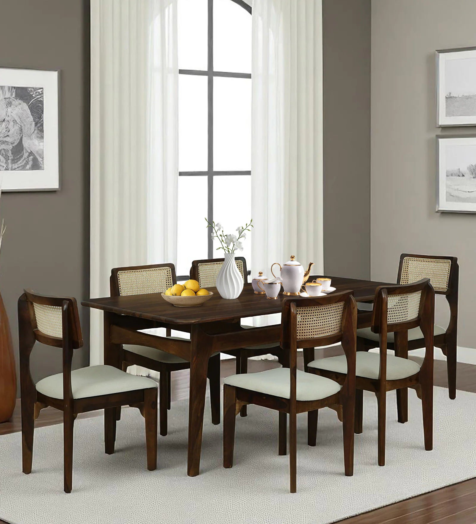 Gistel Sheesham Wood 6 Seater Square Dining Set With Chairs In Provincial Teak Finish - Febonic Living