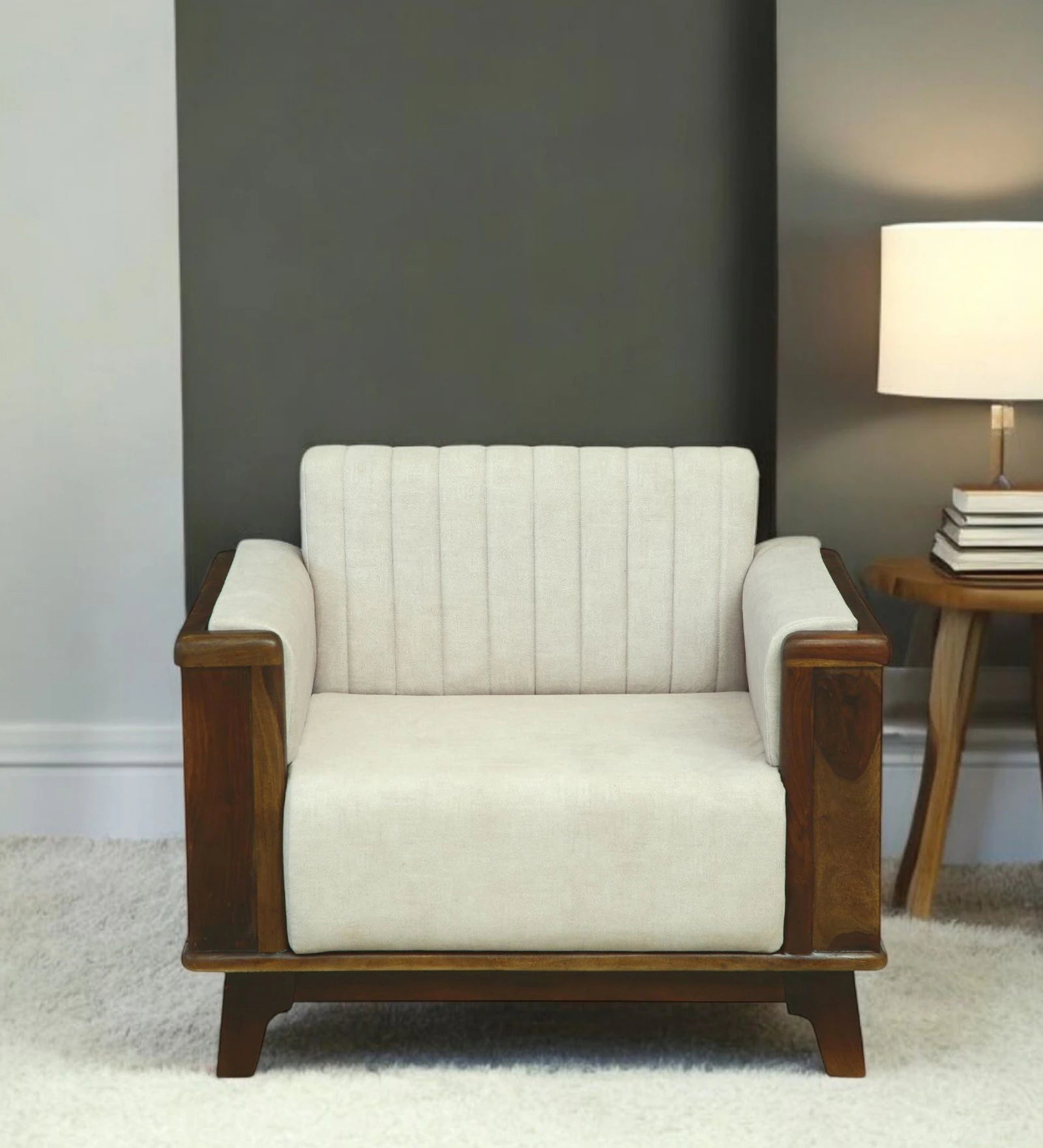 Solara Sheesham Wood 1 Seater Sofa In Beige Colour