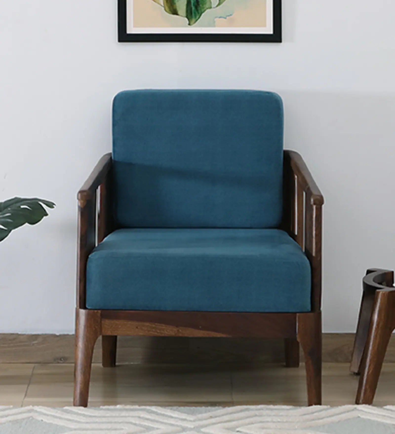 Bano Sheesham Wood 1 Seater Sofa In Blue Colour - Febonic Living