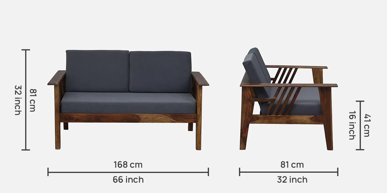 Caron Sheesham Wood 2 Seater Sofa In Grey Colour - Febonic Living