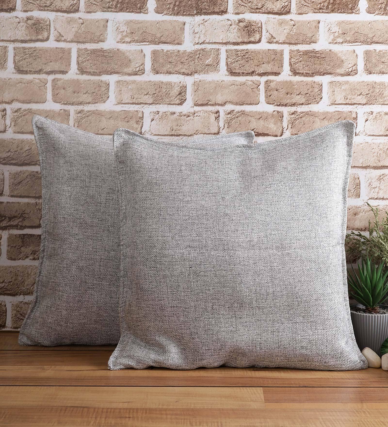 Jannesha Jute Fabric Geometric 18x18 inches Cushion + Covers (Pack of 2) In Lit Grey Colour