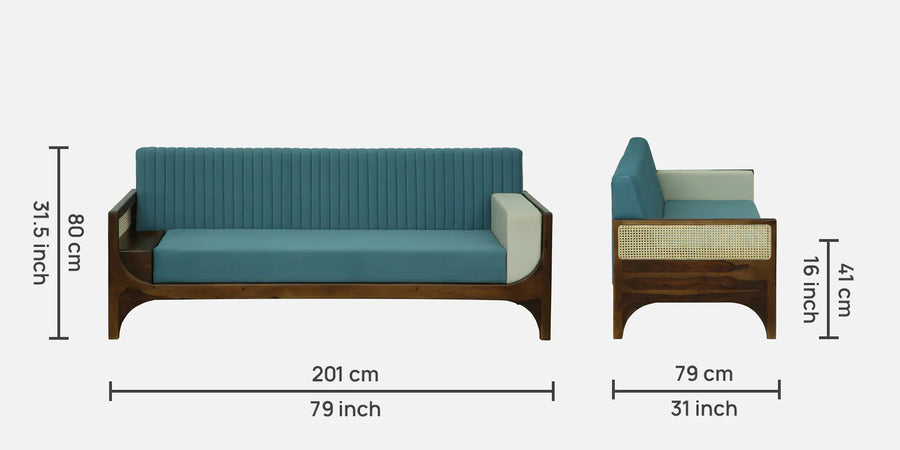 Oslo Sheesham Wood 3 Seater Sofa In Blue Colour - Febonic Living