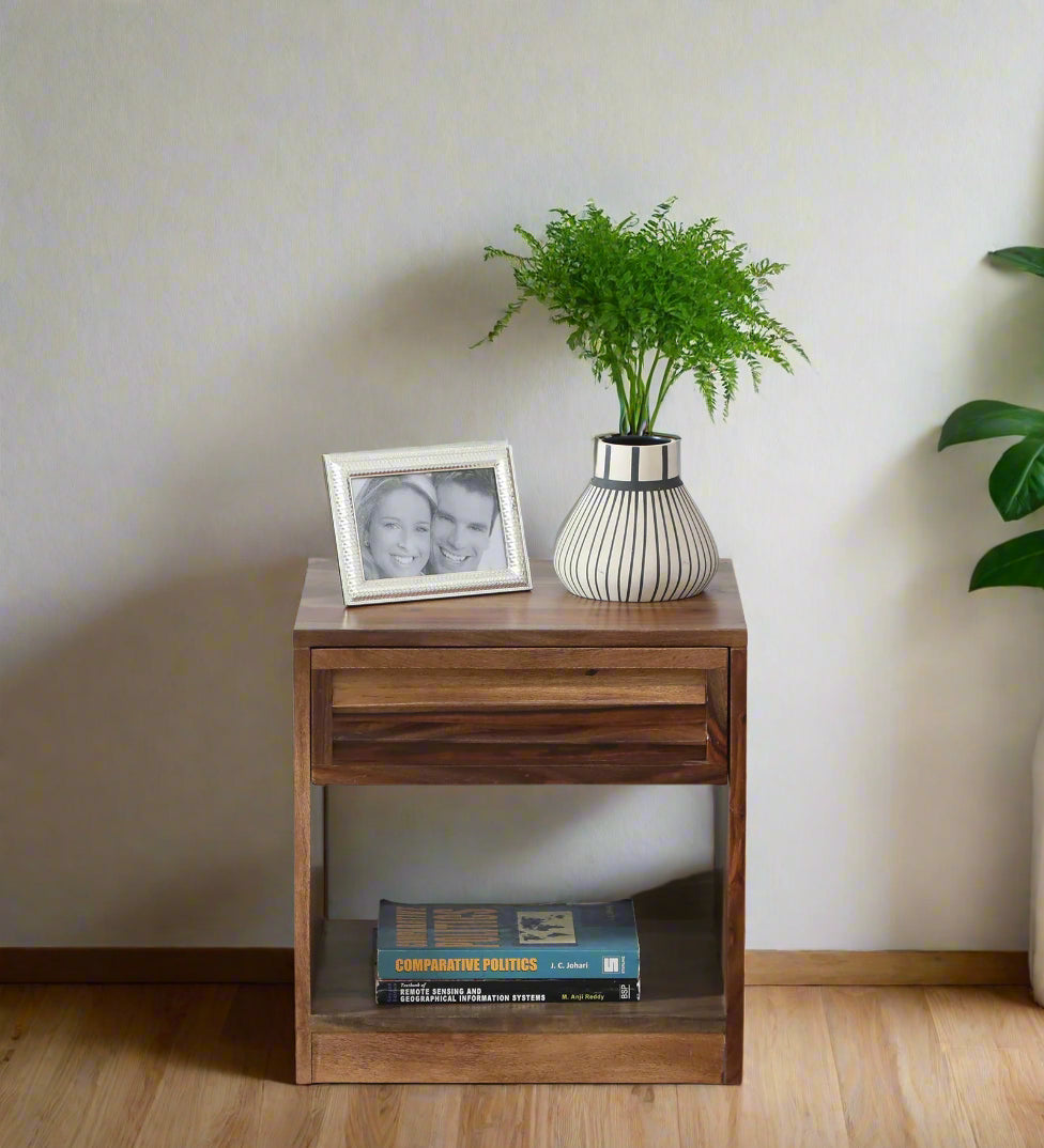 Bisha Sheesham Wood Bedside Table With Drawer In Rustic Teak Finish - Febonic Living