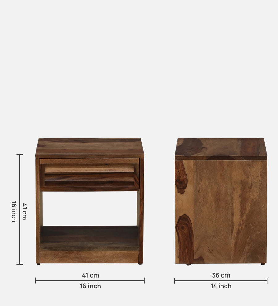 Bisha Sheesham Wood Bedside Table With Drawer In Rustic Teak Finish - Febonic Living