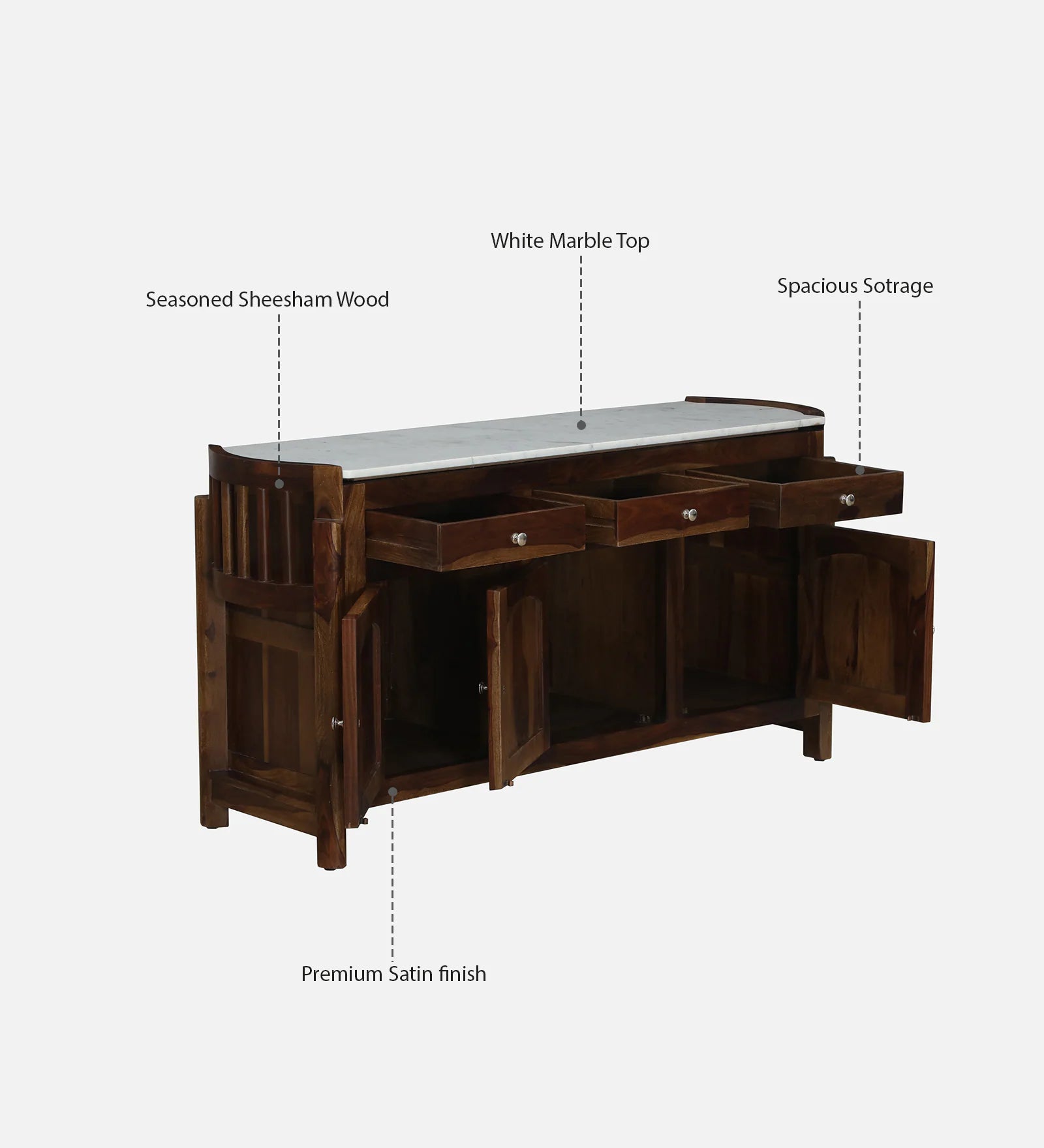 Davao Sheesham Sideboard In Provincial Teak Finish With Marble Top - Febonic Living