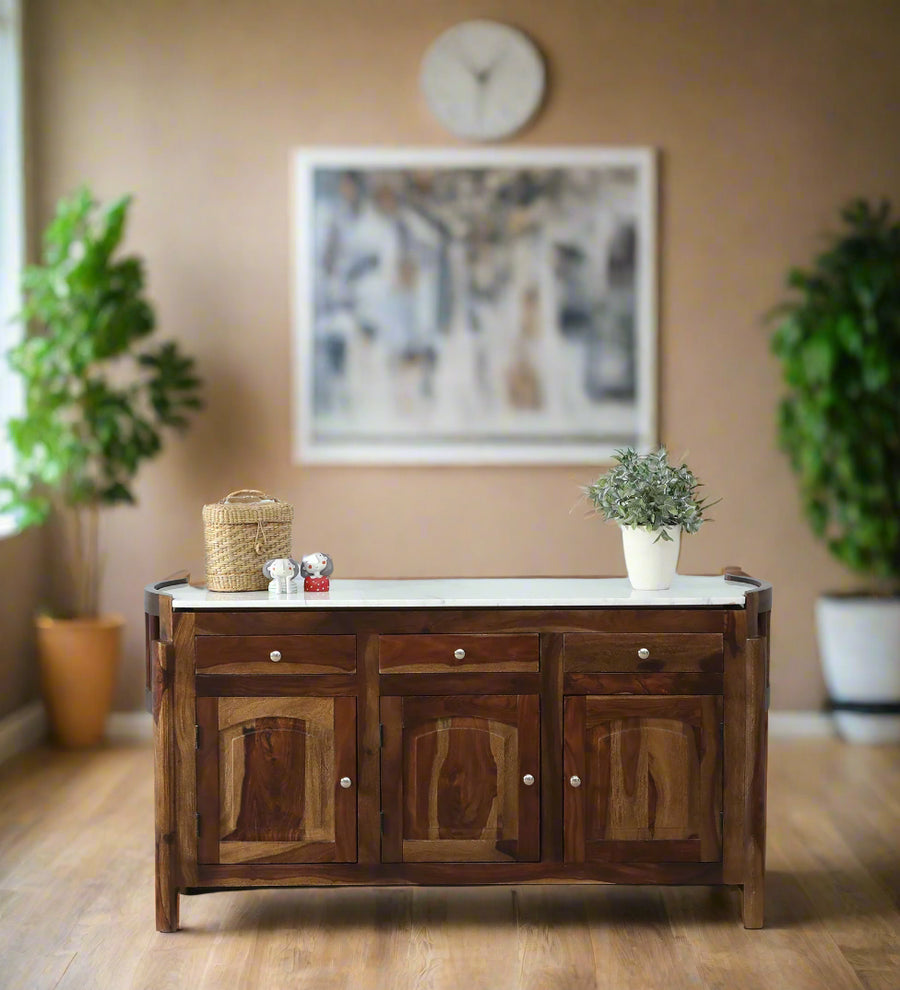 Davao Sheesham Sideboard In Provincial Teak Finish With Marble Top - Febonic Living