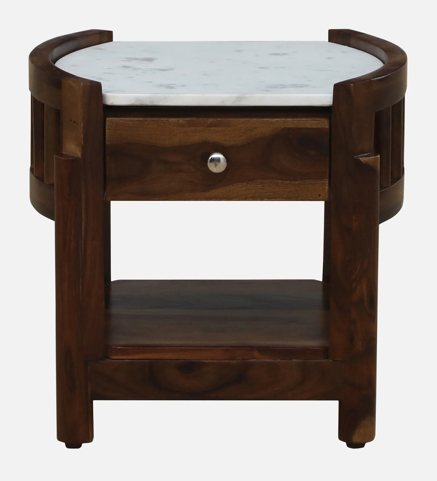 Davao Sheesham Wood Bedside Table In Provincial Teak Finish With Marble Top - Febonic Living