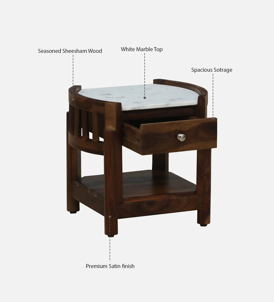 Davao Sheesham Wood Bedside Table In Provincial Teak Finish With Marble Top - Febonic Living