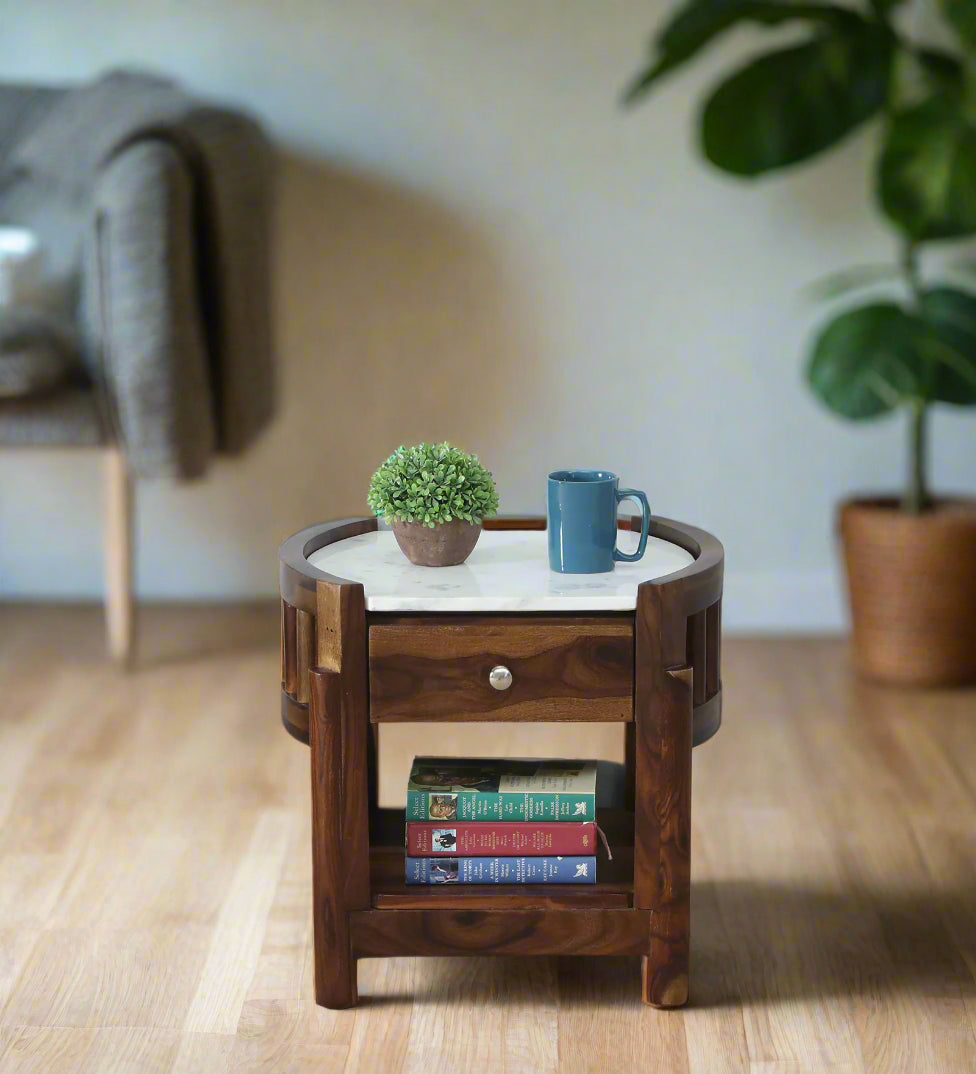 Davao Sheesham Wood Bedside Table In Provincial Teak Finish With Marble Top - Febonic Living