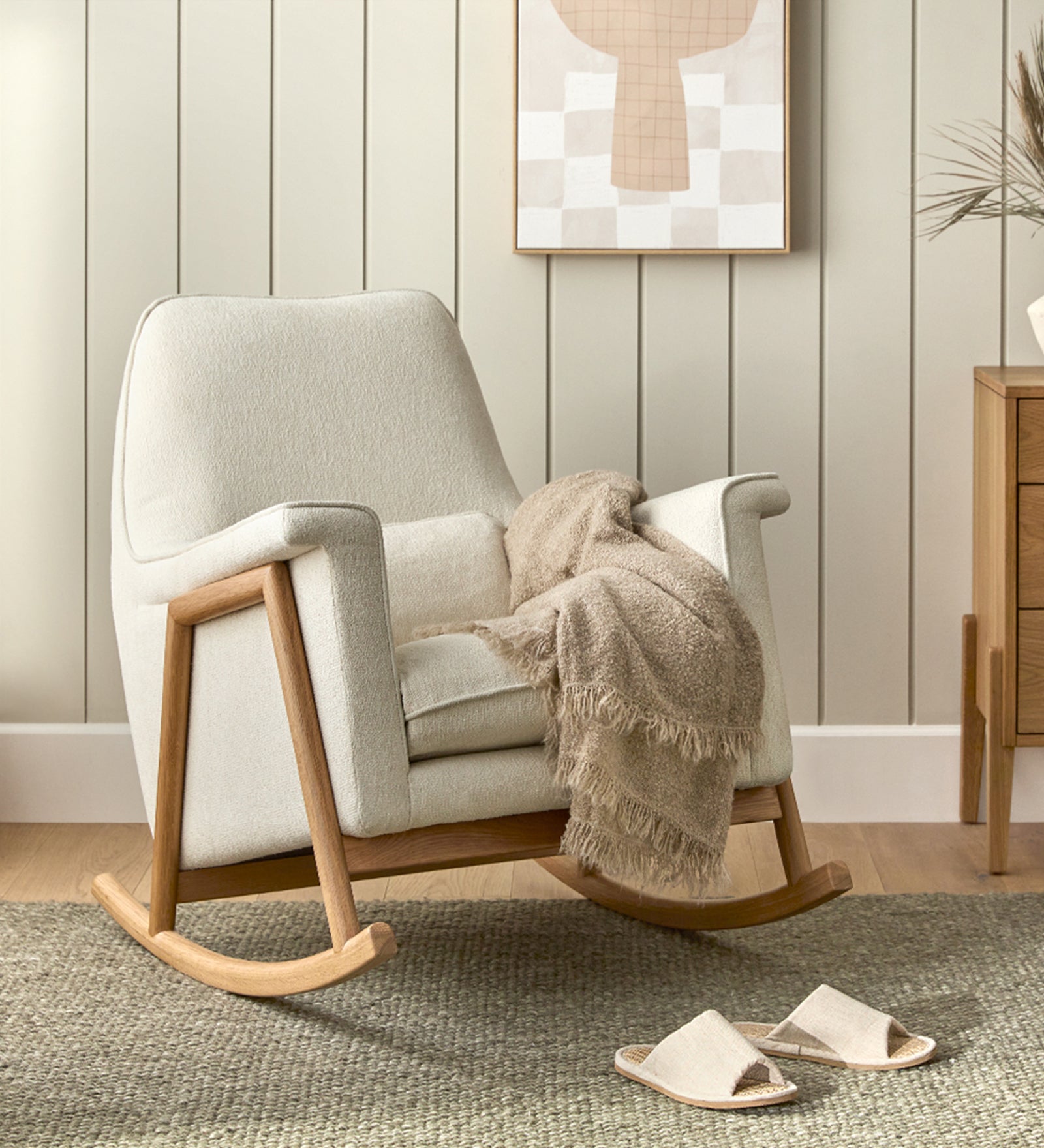 Muni Boucle Fabric Rocking Chair in Shell White Colour