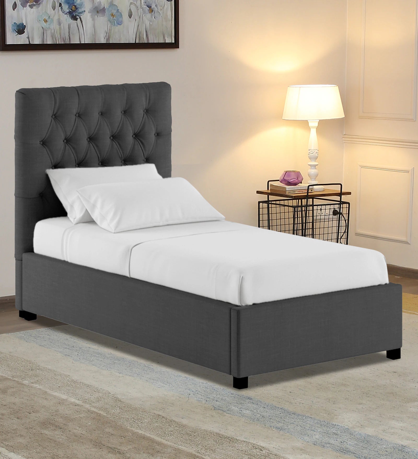 Isko Fabric Upholstered Single Bed in Charcoal Grey Colour with Box Storage