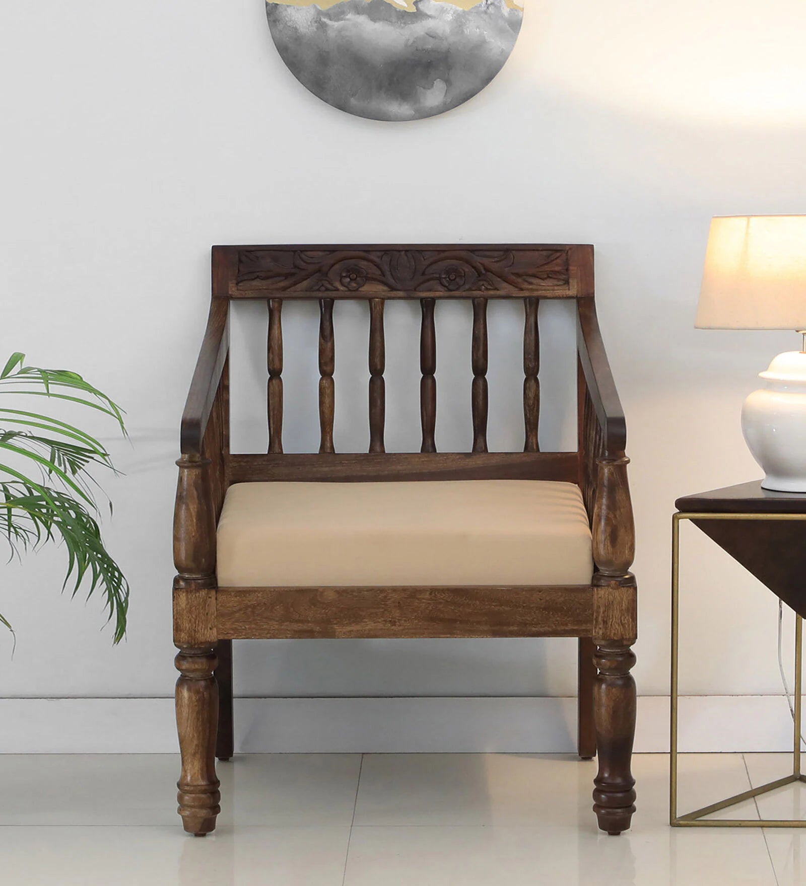 Omat Sheesham Wood 1 Seater Sofa In Provincial Teak Finish - Febonic Living