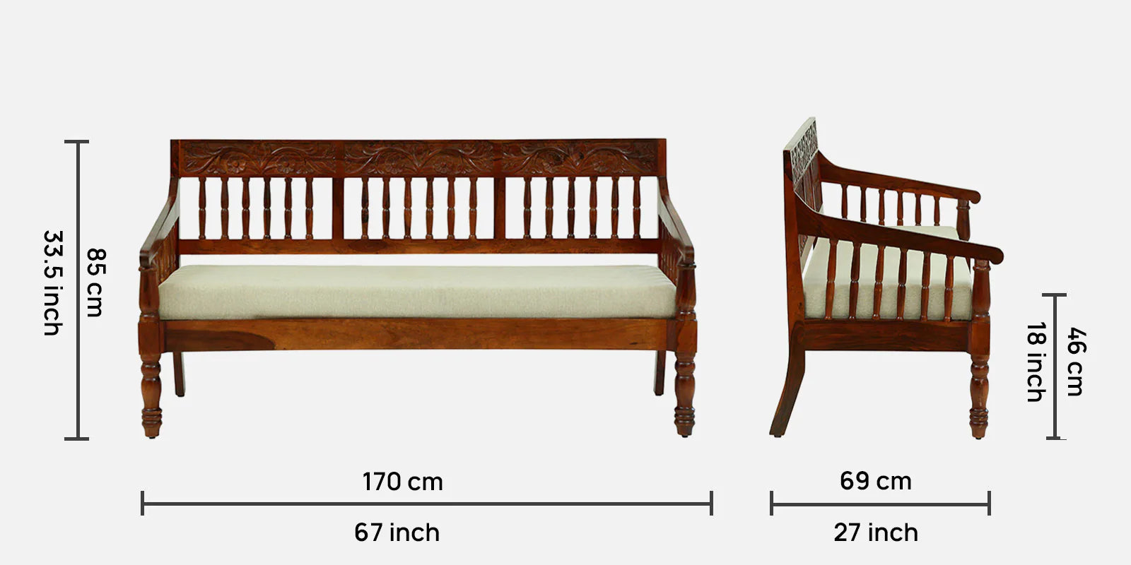 Omat Sheesham Wood 3 Seater Sofa In Honey Oak Finish - Febonic Living