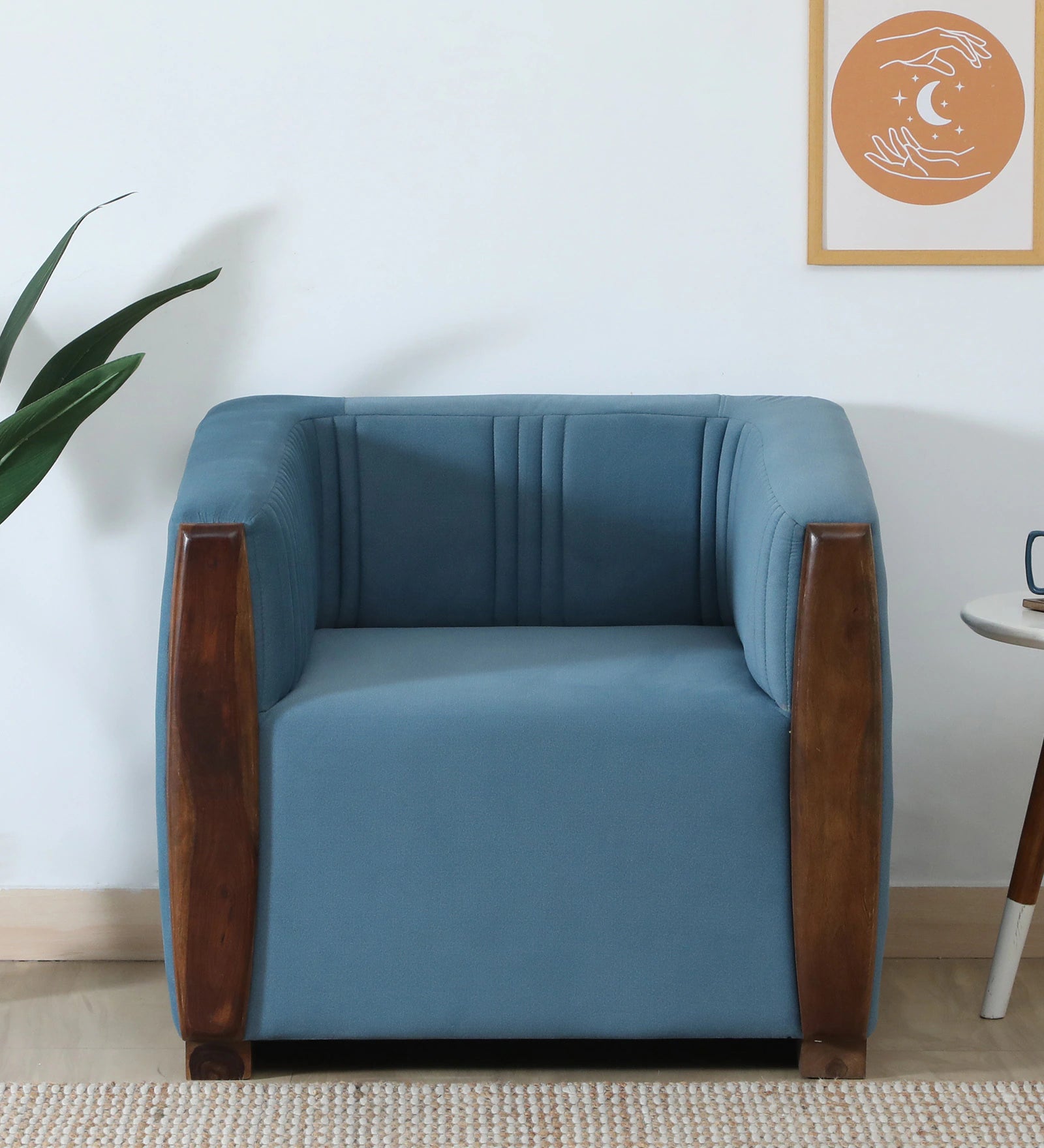 Jisma Sheesham Wood 1 Seater Sofa In Blue Colour - Febonic Living