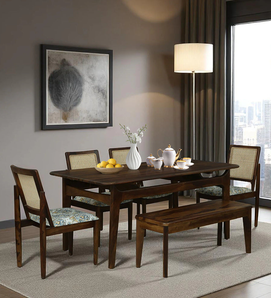 Mayer Sheesham Wood 6 Seater Dining Set With Bench In Provincial Teak Finish - Febonic Living