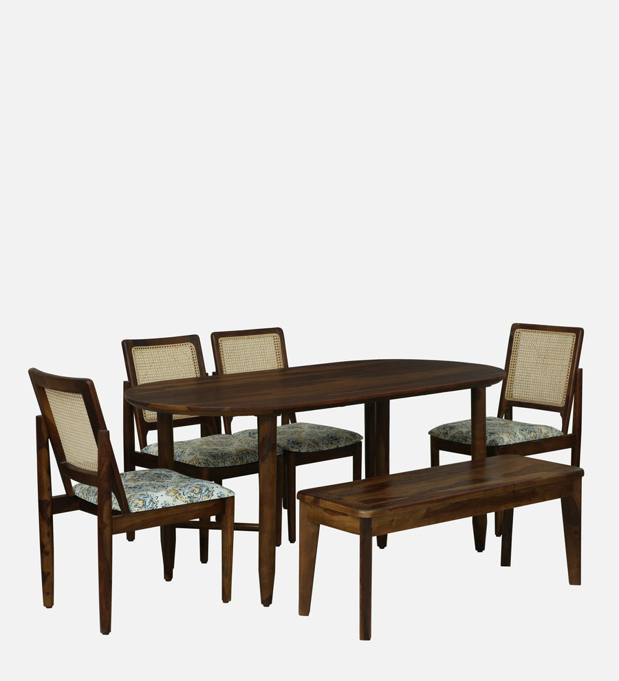 Mayer Sheesham Oval Wood 6 Seater Dining Set With Bench In Provincial Teak Finish - Febonic Living