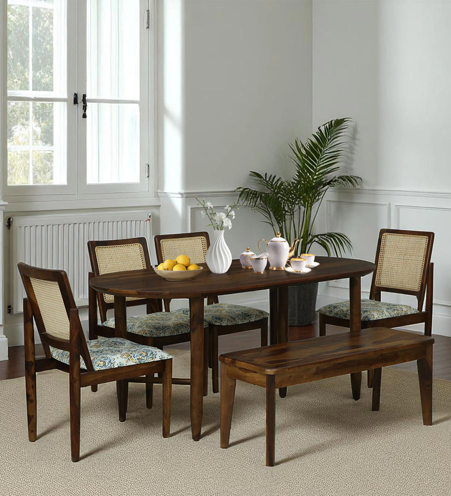 Mayer Sheesham Oval Wood 6 Seater Dining Set With Bench In Provincial Teak Finish - Febonic Living