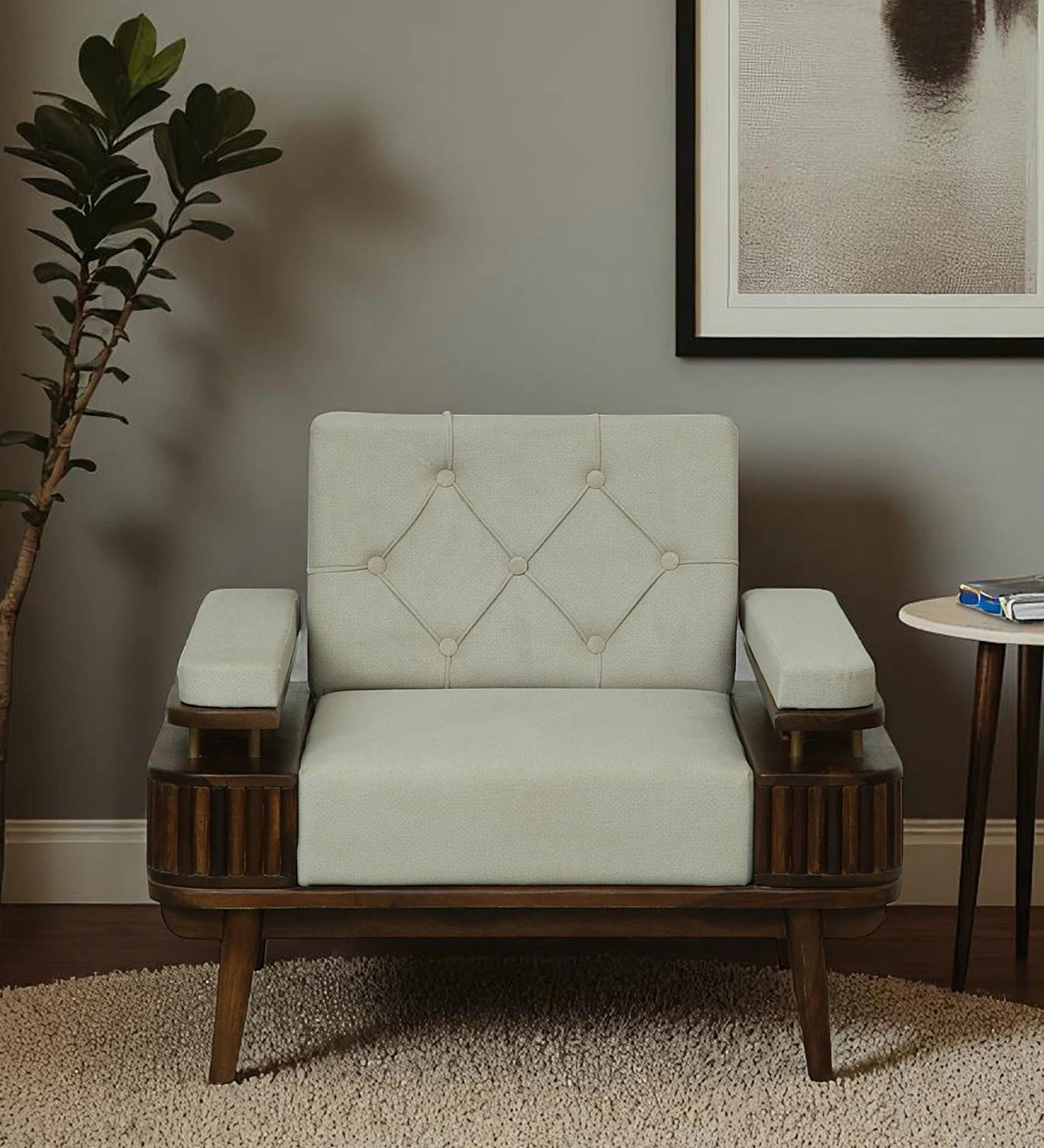 Seravu Sheesham Wood 1 Seater Sofa In Beige Colour