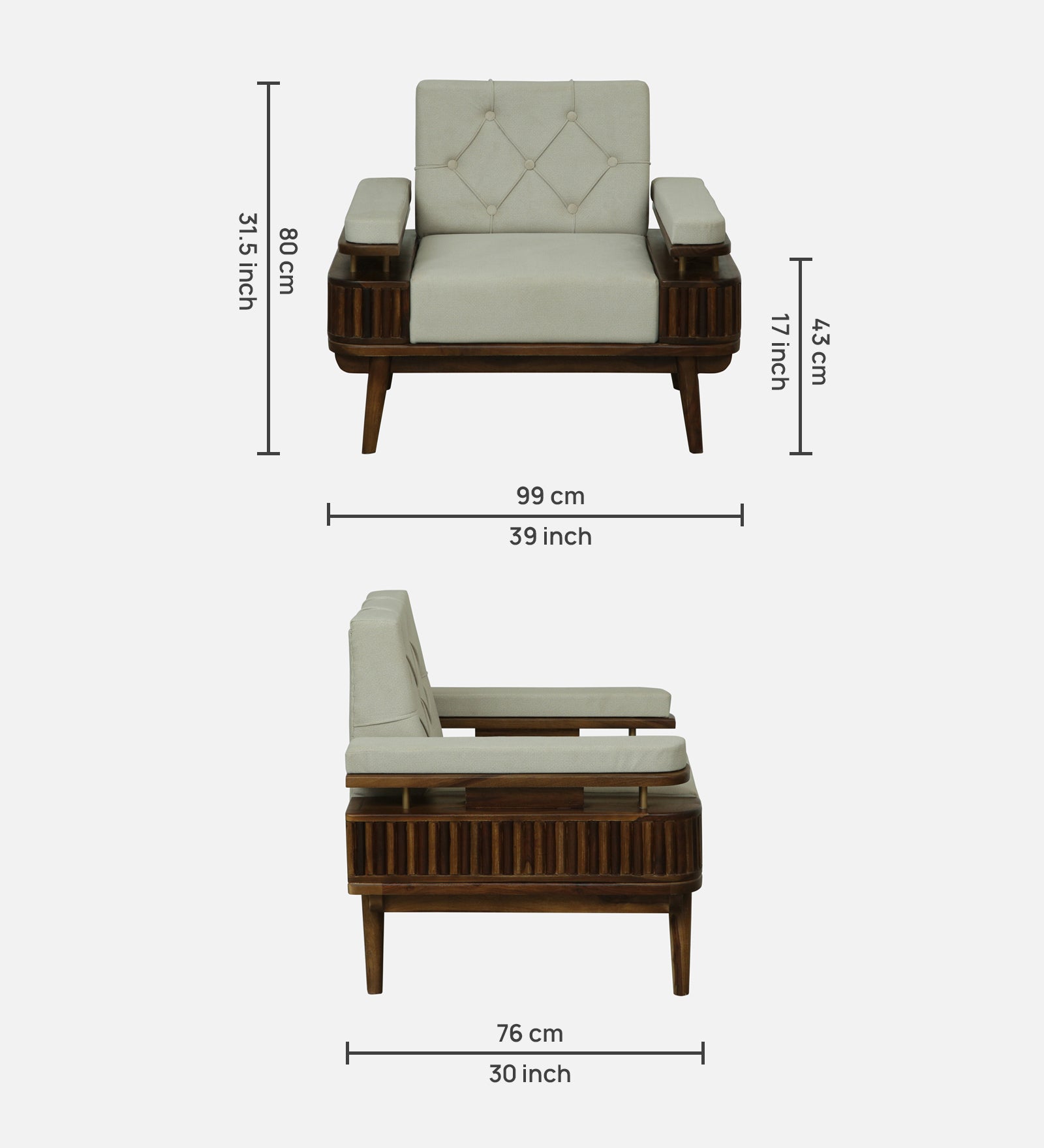 Seravu Sheesham Wood 1 Seater Sofa In Beige Colour