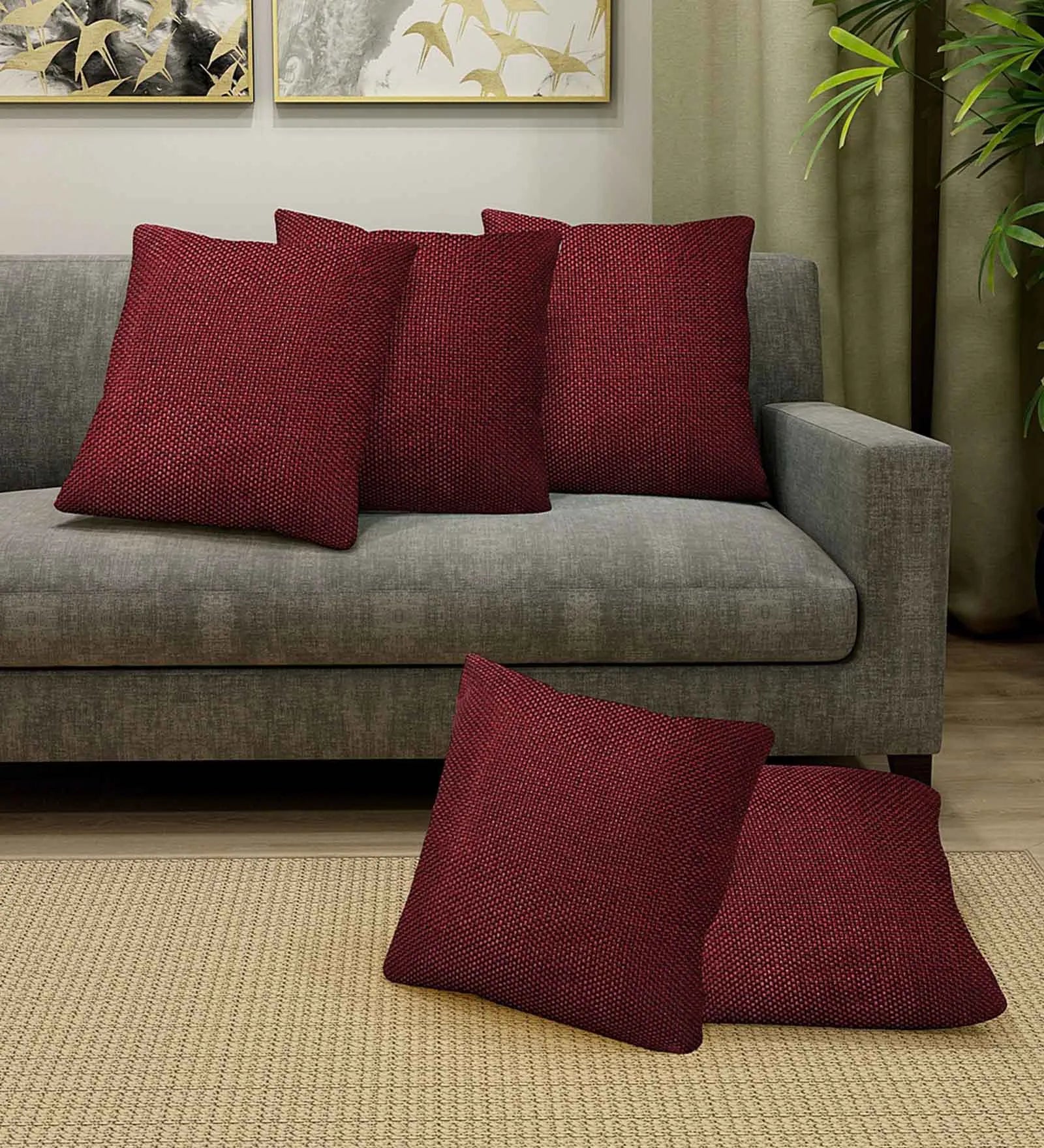 Vedi Jute Fabric Geometric 16x16 inches Cushion + Covers (Set of 5) In Blaze Red Colour