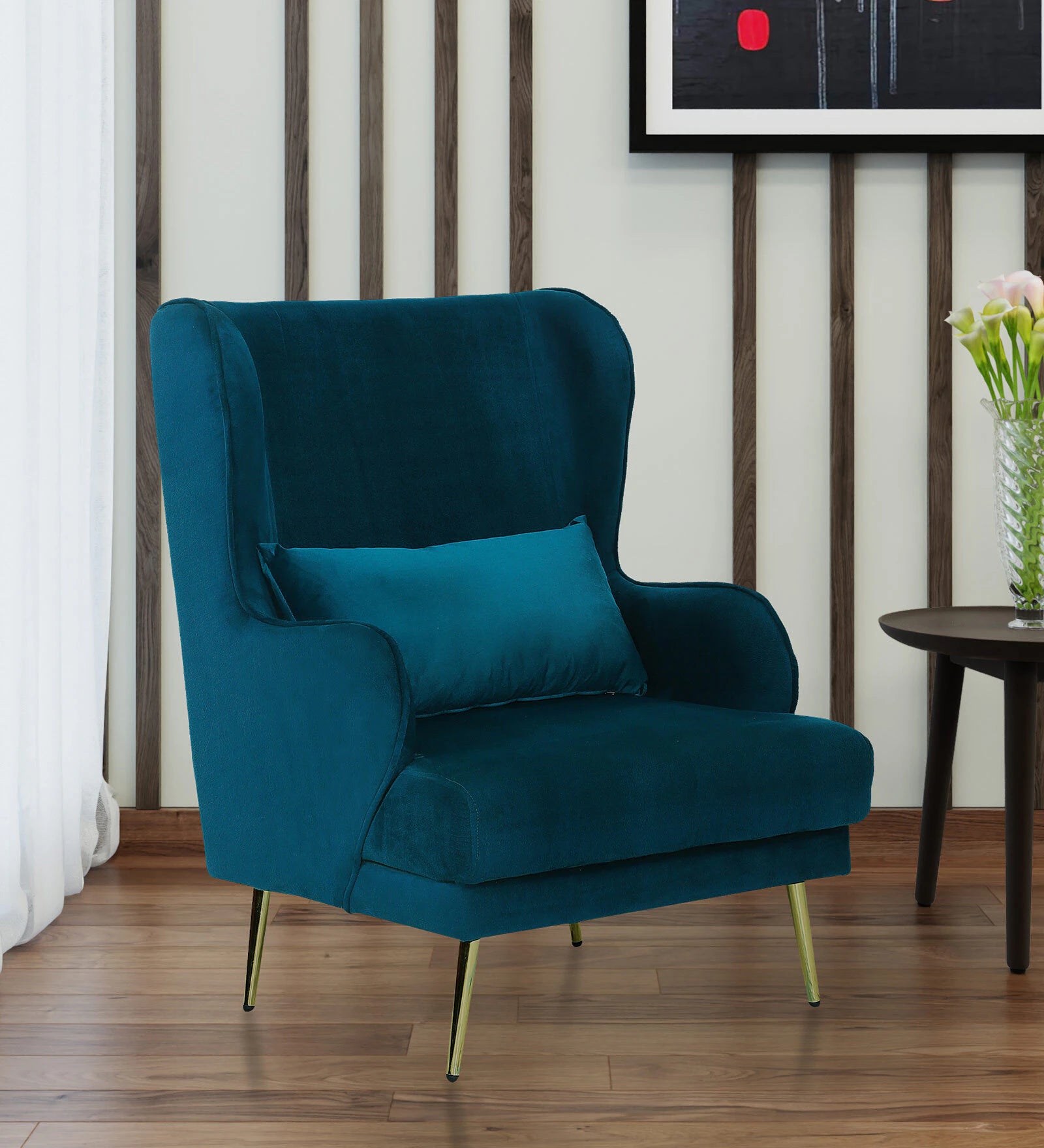 Kova Velvet Wing Chair in Teal Blue Colour