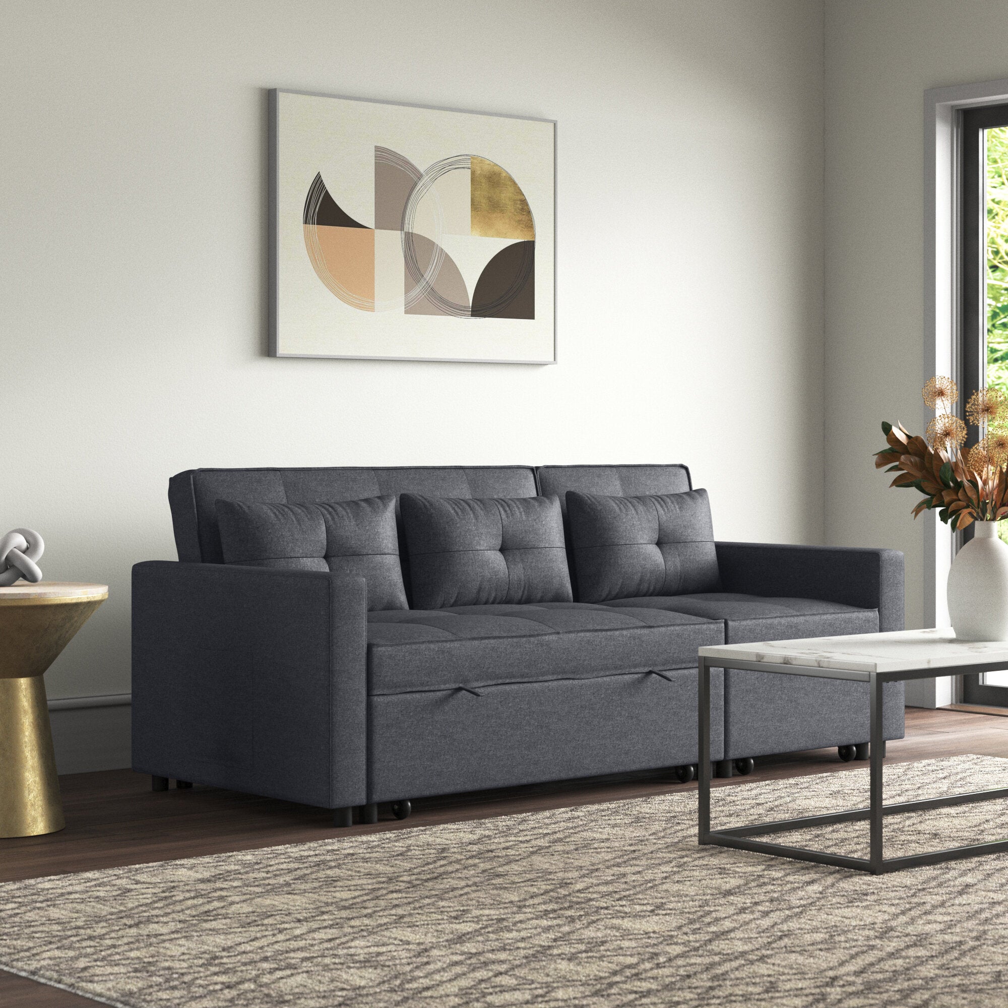 Arwel Fabric 3 Seater Pull Out Sofa Cum Bed In Charcoal Grey Colour