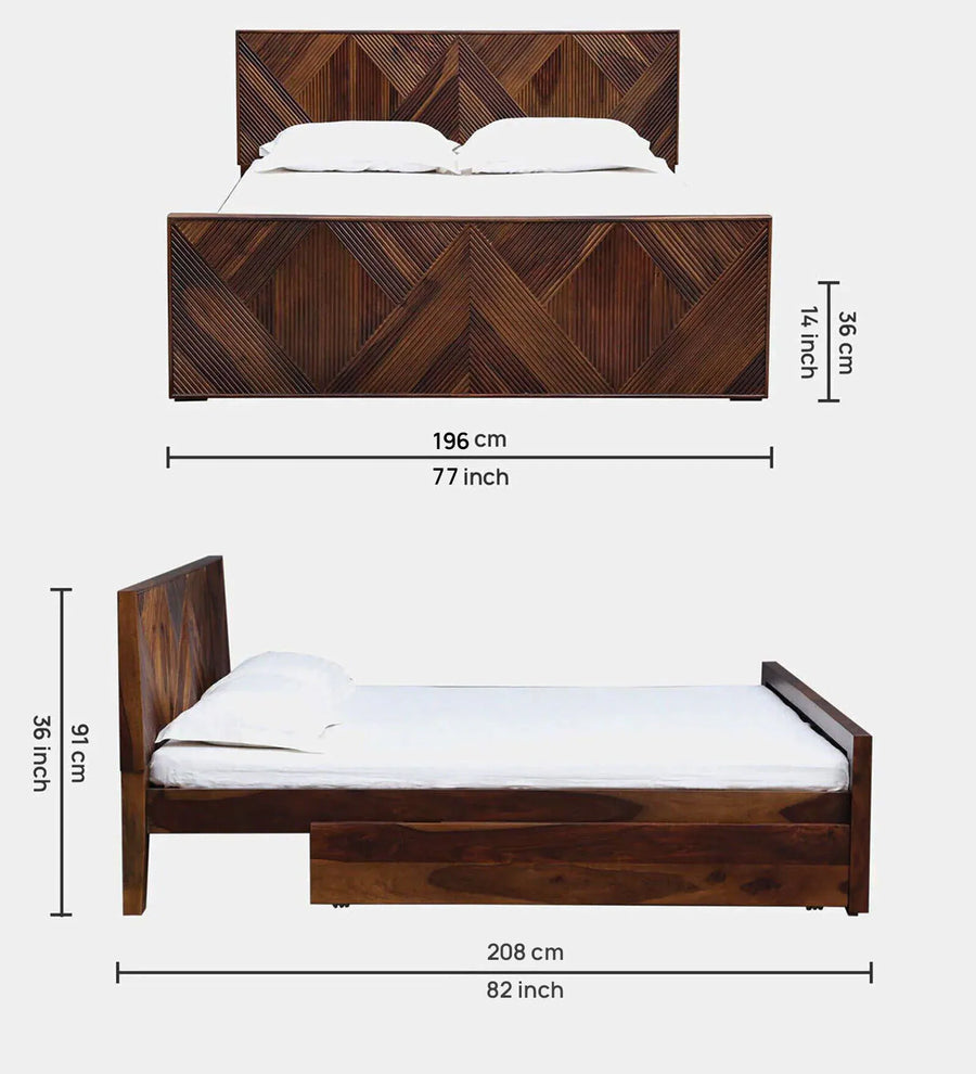 Pari Sheesham Wood King Size Bed In Provincial Teak Finish With Drawer Storage - Febonic Living