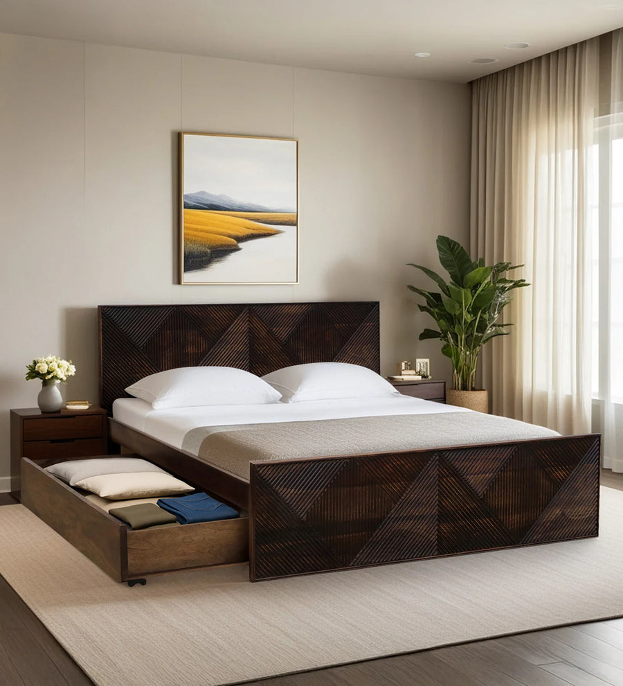 Pari Sheesham Wood King Size Bed In Provincial Teak Finish With Drawer Storage - Febonic Living