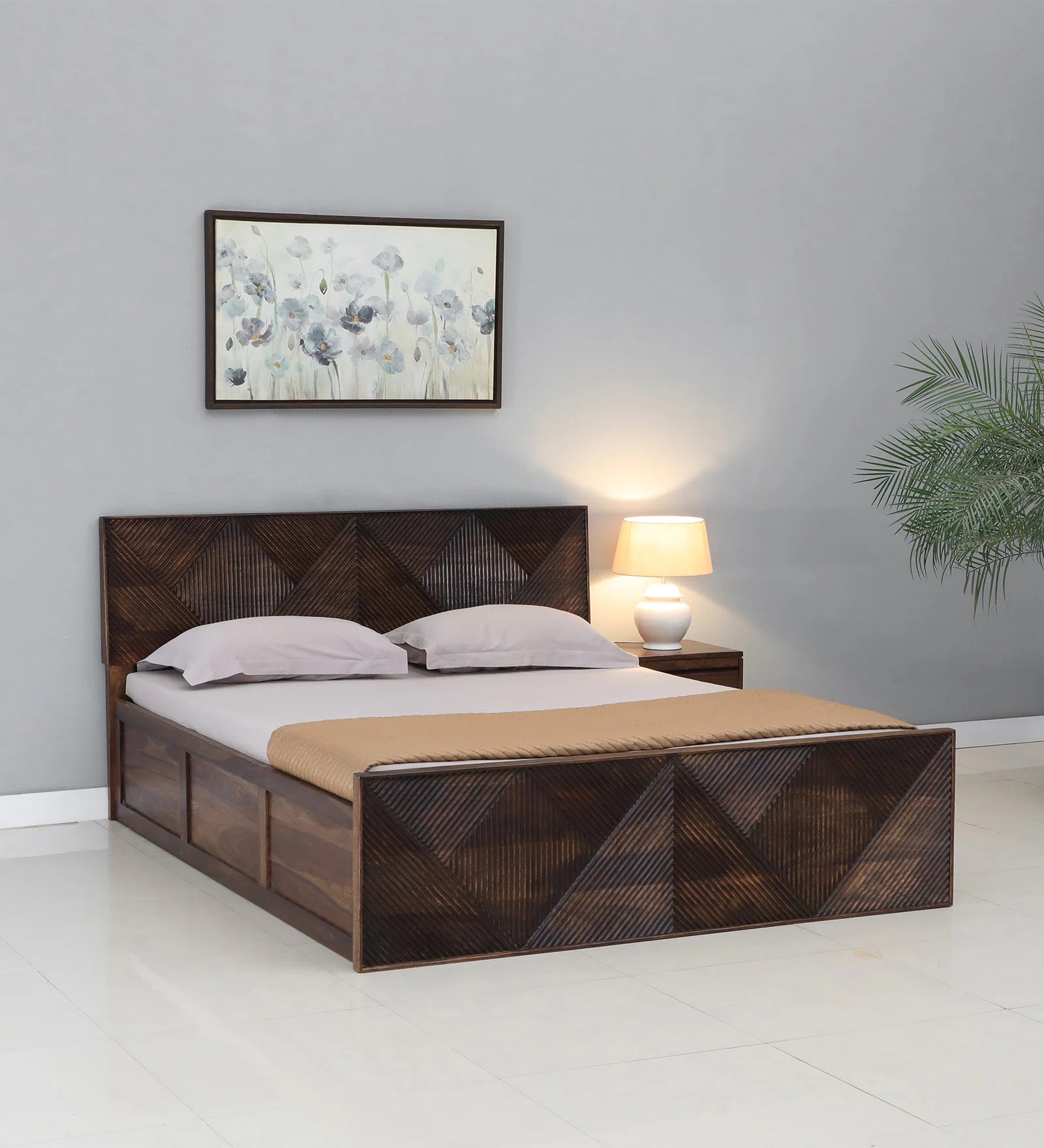 Pari Sheesham Wood Queen Size Bed In Provincial Teak Finish With Box Storage - Febonic Living