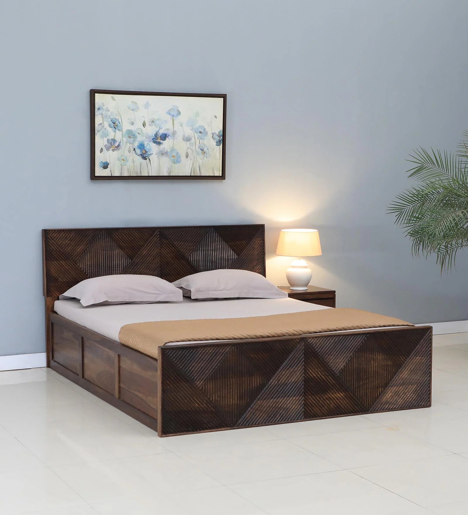 Pari Sheesham Wood King Size Bed In Provincial Teak Finish With Box Storage - Febonic Living