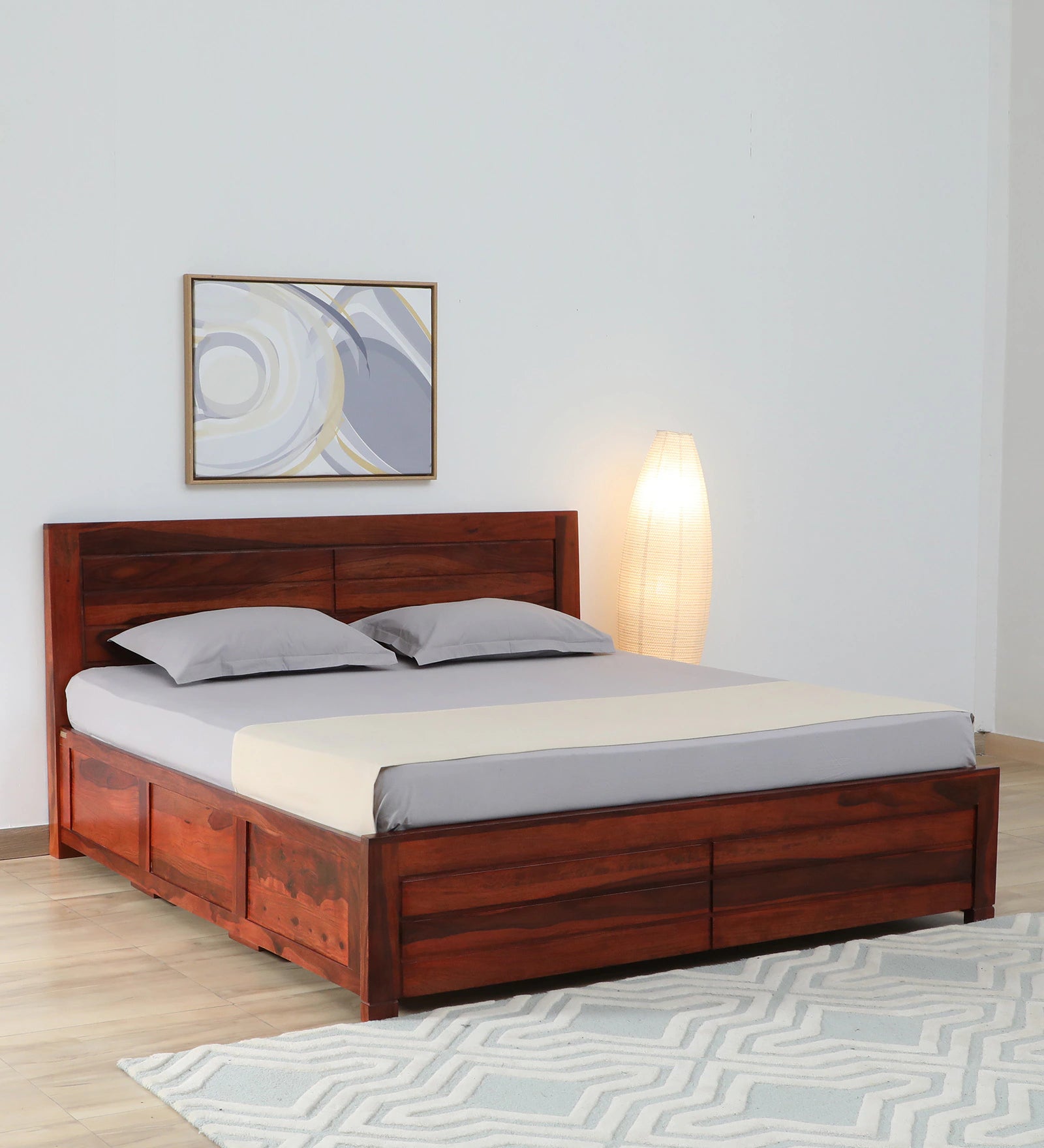 Mejun Sheesham Wood King Size Bed In Honey Oak Finish With Box Storage - Febonic Living