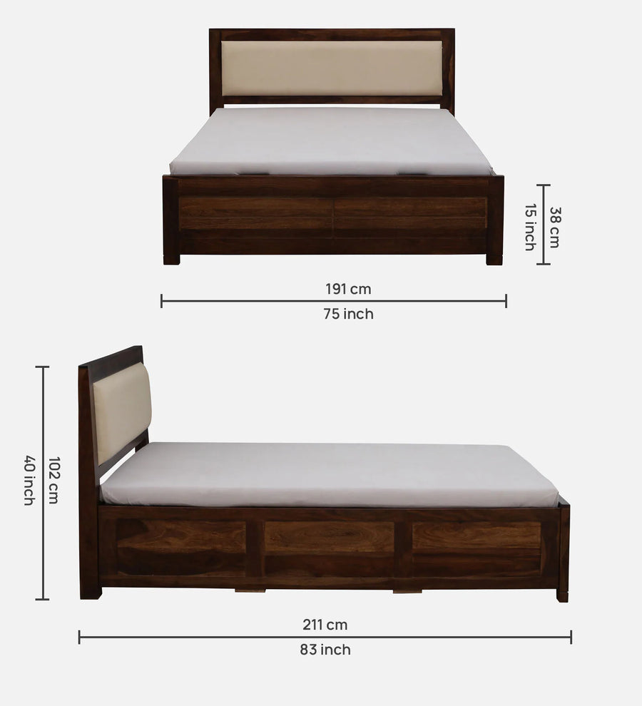 Mejun Sheesham Wood Queen Size Bed In Provincial Teak Finish With Beige Padded Headboard Hydraulic Storage - Febonic Living
