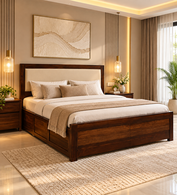Segur Sheesham Wood Queen Size Bed In Provincial Teak Finish With Beige Padded Headboard Hydraulic Storage