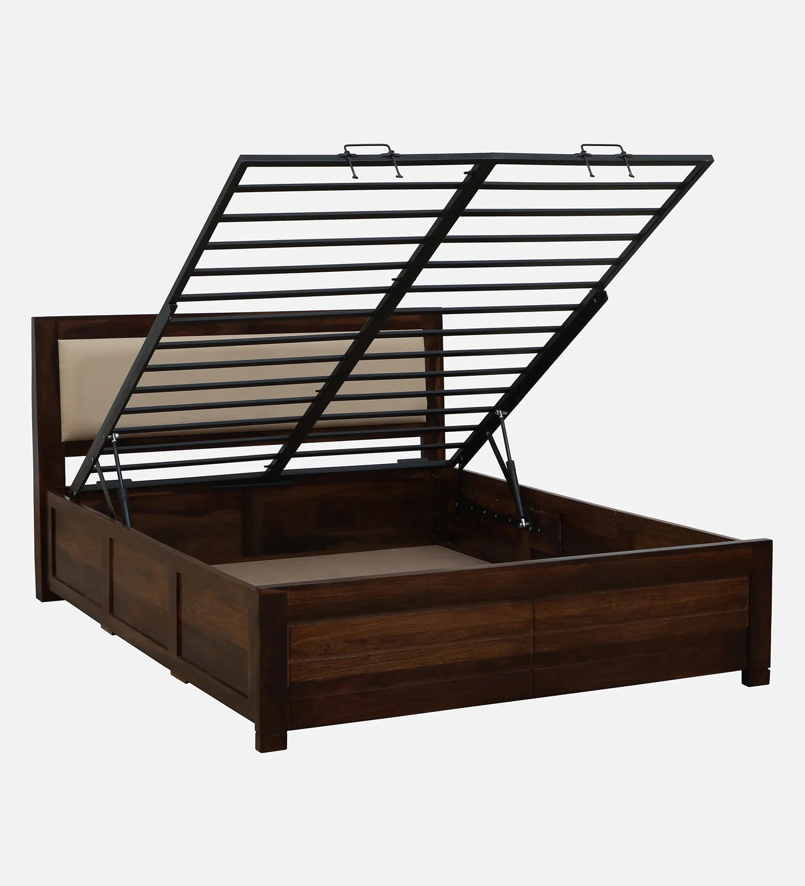 Mejun Sheesham Wood Queen Size Bed In Provincial Teak Finish With Beige Padded Headboard Hydraulic Storage - Febonic Living