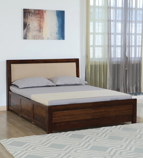 Mejun Sheesham Wood Queen Size Bed In Provincial Teak Finish With Beige Padded Headboard Hydraulic Storage