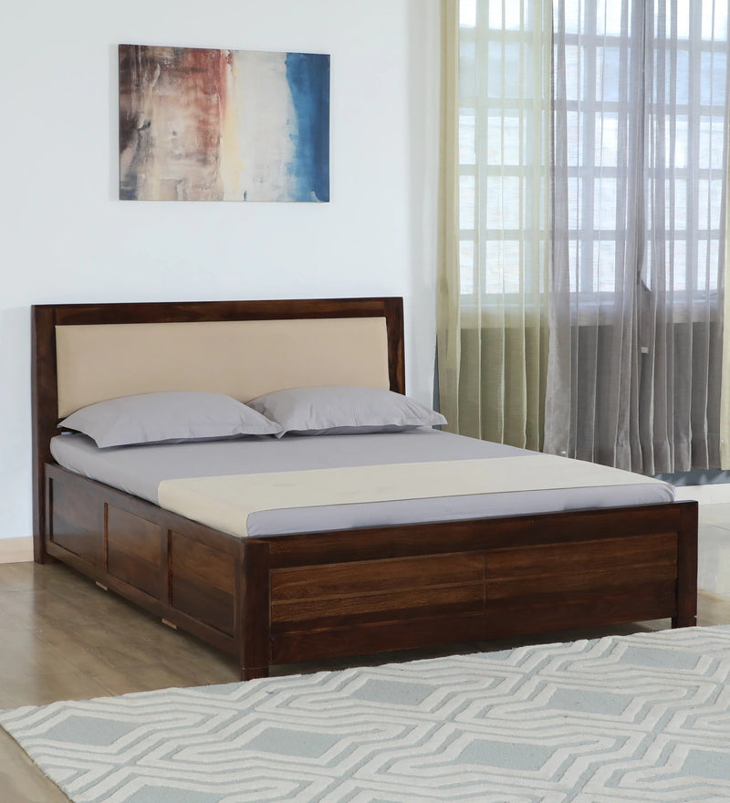 Mejun Sheesham Wood Queen Size Bed In Provincial Teak Finish With Beige Padded Headboard Hydraulic Storage