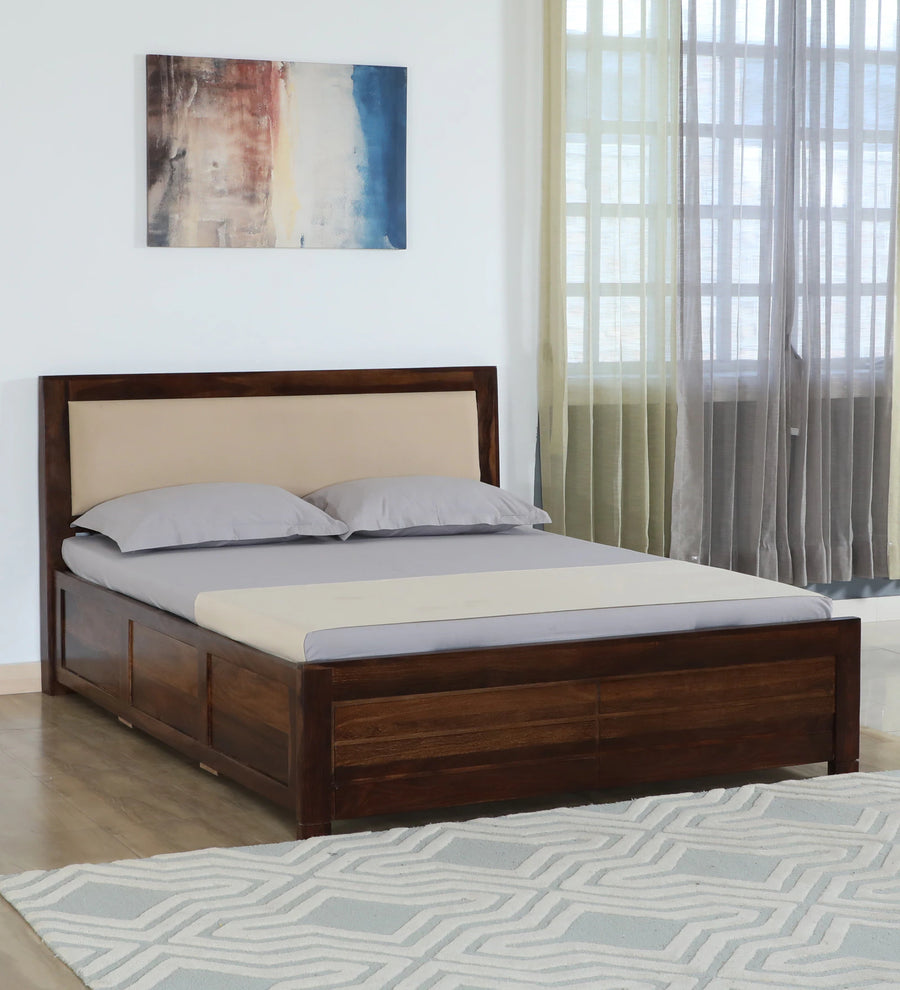 Mejun Sheesham Wood Queen Size Bed In Provincial Teak Finish With Beige Padded Headboard Hydraulic Storage - Febonic Living