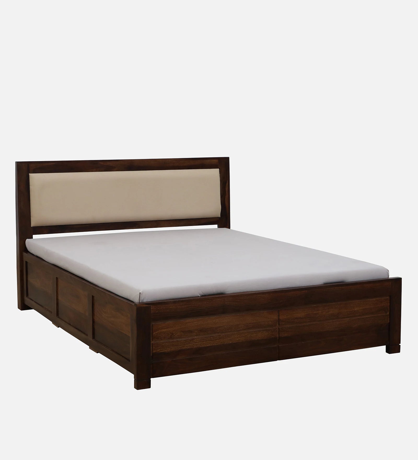 Mejun Sheesham Wood Queen Size Bed In Provincial Teak Finish With Beige Padded Headboard Hydraulic Storage - Febonic Living