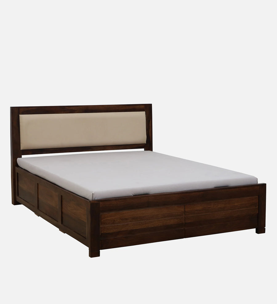 Mejun Sheesham Wood Queen Size Bed In Provincial Teak Finish With Beige Padded Headboard Hydraulic Storage - Febonic Living