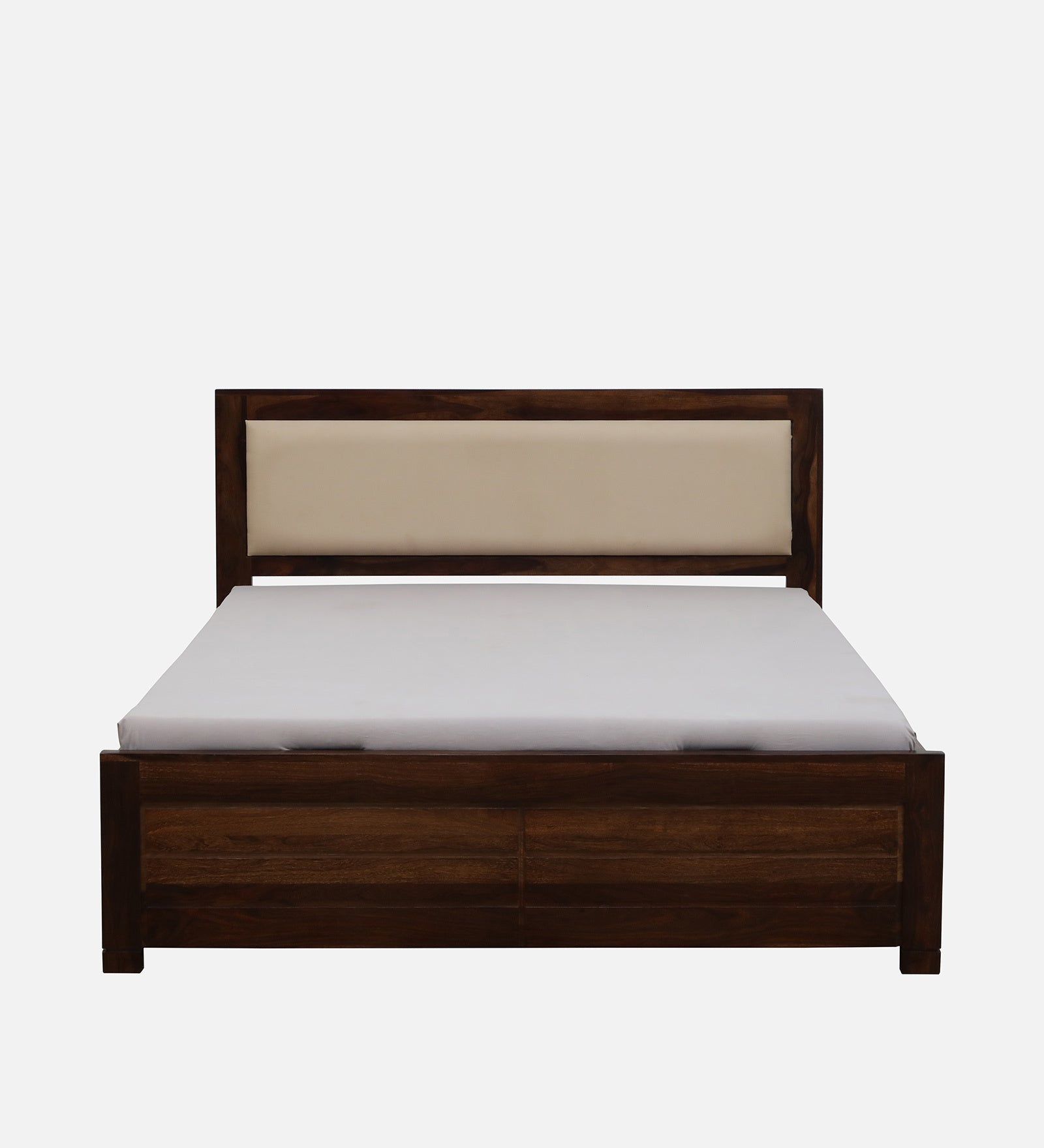 Mejun Sheesham Wood Queen Size Bed In Provincial Teak Finish With Beige Padded Headboard Hydraulic Storage - Febonic Living