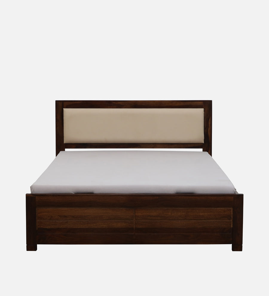 Mejun Sheesham Wood Queen Size Bed In Provincial Teak Finish With Beige Padded Headboard Hydraulic Storage - Febonic Living
