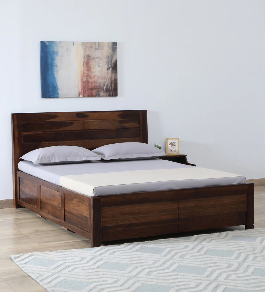 Mejun Sheesham Wood King Size Bed In Provincial Teak Finish With Hydraulic Storage - Febonic Living